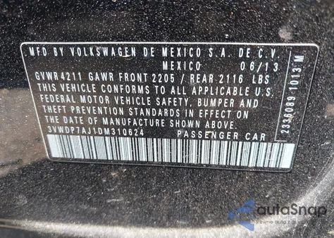 2013 Volkswagen Jetta 2.5L Se из США, поврежденный, VIN 3VWDP7AJ1DM310624